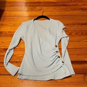 Light Blue Ribbed Wrap-Style Women’s Top